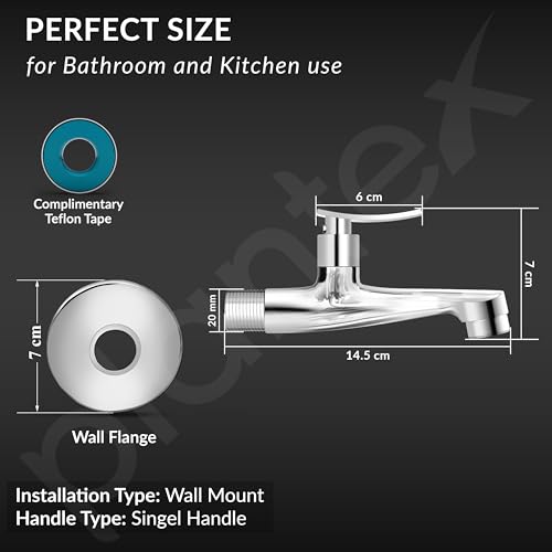Image of Plantex Long Body Bib Cock Water Tap for Bathroom /Wall Mount Tap for Wash Basin with Teflon Tape & Wall Flange - Pack of 1 (Star, Chrome)