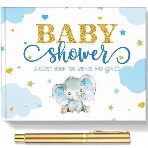 Image of Fuyoooo 27 Pcs Blue Elephant Themed Baby Shower Guest Book Set Baby Shower Sign in Guest Elephant Book Place Table Cards with Gold Pen Adhesive Photo Corner for Birthday Party