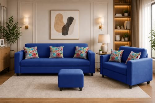 Image of Rosebell 3+2 Fabric Sofa Set with Ottoman | Premium Upholstery 5-Seater Sofa | with Printed Cushions | Living Room Furniture |Blue-Color