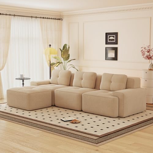 Yihomfy Canapé d'angle Modulaire Désossé, Velours côtelé Canapé 3 Places avec Tabouret, Configuration Libre, Canapé en L de Salon, sans Montage (Beige,...