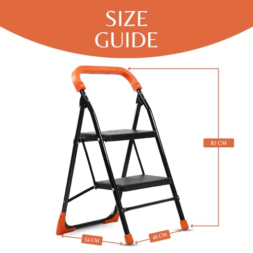 Image of CIPLA PLAST Heavy Duty Folding Ladder with Wide Steps | Foldable | Slip-Resistant | High Strength Long Durable for Home, Kitchen | (5 Years Warranty) (Black & Orange) (2)