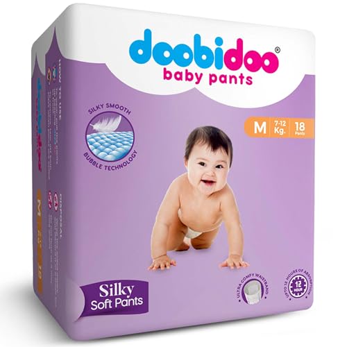 Image of Doobidoo Silky Soft Baby Diaper Pants with High Absorbency, Anti-Leak Side Cuffs, Cottony Bubble Soft, Rash-Free, Medium Size (M) 7-12 Kg, Pack of 1, 18 Count