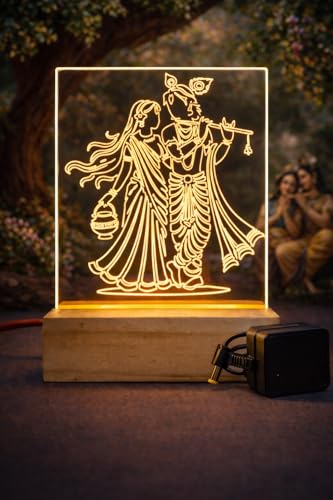Image of Radha Krishna LED Night Lamp with Wooden Base, Acrylic Illuminated Home Decor, Premium Gift Item with Power Adapter