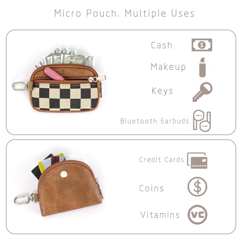 Image of Checkered Dual Pouch Keychain Wallet for Women, Small Mini Zip Leather Coin Purse with Wrist Strap,wristlet hangbags,Brown
