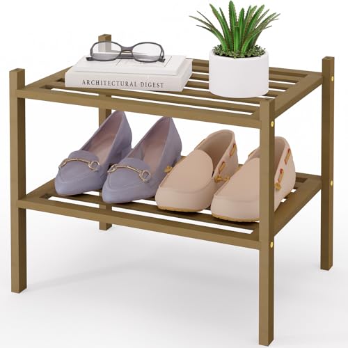 Image of Smiry Bamboo Shoe Rack, 5 Horizontal Slats, 2 Tier - 17.3 inch Wide, Walnut