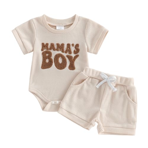 Image of Amiblvowa Newborn 0 3 6 9 12 Months Baby Boy Summer Clothes Tractor Romper Short Sets Waffle Knit 2 Piece Infant Outfits