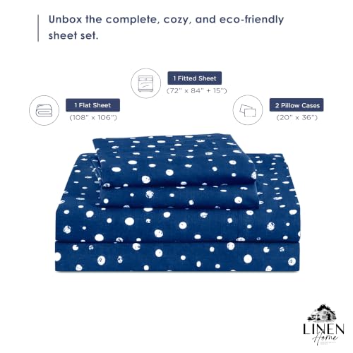 Image of Linen Home 100% Cotton Printed Percale Sheets Cal King Size, Polka Navy
