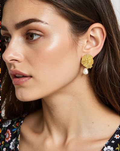 Gold Flower Statement Earrings for Women Chunky Sculptural Flower Pearl Stud Elegant Dangle Earrings 18K Gold Plated Trendy Fashion Jewelry Gifts2