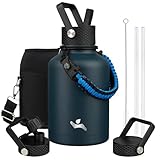 Konokyo Insulated Water Bottle with Straw,50 oz 3 Lids Water Jug with Carrying Bag,Paracord Handle,Double Wall Vacuum Stainless Steel Metal Flask,Navy Blue