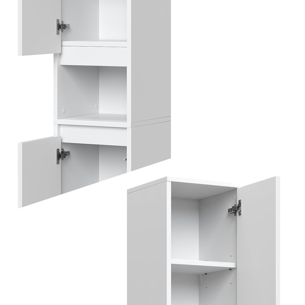 Vicco Meuble Salle de Bain Majest, Blanc Haute Brillance, 30.2x191.5cm | avec portes et compartiment ouvert, pour le rangement avec six étagères réglables
