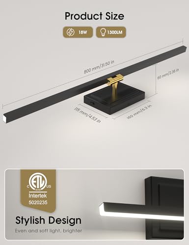 Image of VOLISUN Modern Bathroom Vanity Light 31.5 inch, Rotatable, 18W Dimmable 5CCT Led Bathroom Light Fixture Over Mirror, Black Gold Bar Vanity Light for Bathroom Mirror Cabinets-ETL Certificated