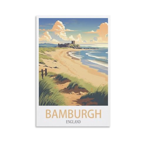 Poster vintage Bamburgh Angleterre de voyage, plage, 20 x 30 cm