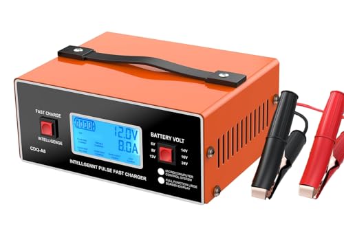 8 Volt Battery Charger Automotive 0-10A, Smart Car Golf Cart Battery Charger, Maintainer and Automatic Charger with Cable Clamps & Handle, Suitable for 6/8/12/14/16/24V Lead-Acid Batteries (Orange)