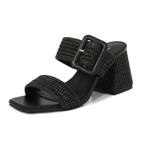 Image of Women's Raffia Slide Sandals Square Open Toe Heeled Sandals Two Strap Mules Slip On Block Chunky Heels Sandals for Women