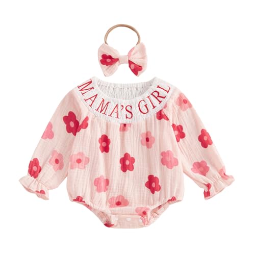 Image of Infant Baby Girls Smocked Romper Flower MaMas Girl Print Puff Long Sleeve Bubble Jumpsuit Fall Cotton Linen Tops