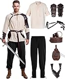 8 Pcs Men's Renaissance Costume Halloween Medieval Pirate Shirt Pant Viking Costume Accessories Set (Classic Color, X-Large)