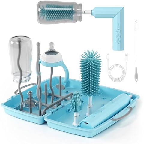 Baby Bottle Brush Travel Essential, USB Rechargeable Bottle Cleaner Brush Set with Silicone Bottle Brush, Nipple Brush, Straw Brush, Bottle Drying Rack and Storage Box, Ideal Gift for Babies Cover