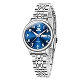 OLEVS レディース腕時計日付曜日 アナログ クオーツ 防水 オシャレ 女性とけいビジネス 人気 腕時 計レディース文字盤 青 バンド シルバー ステンレスバンド軽量うで時計ブルー