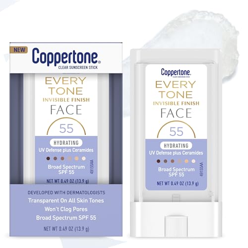 Coppertone Every Tone Invisible Finish Hydrating UV Defense Face Sunscreen Stick SPF 55 with Moisturizing Ceramides, Blends in Clear Sunscreen for All Skin Tones, 0.49 Oz Stick