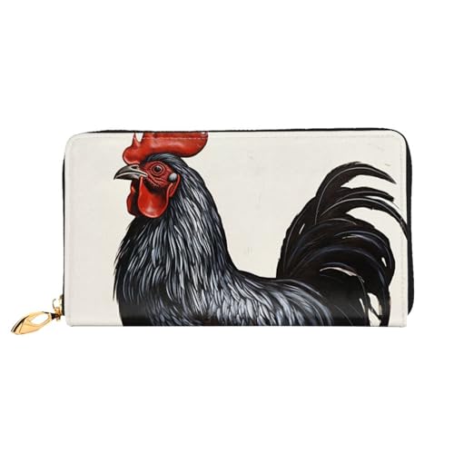 Black Rooster Women Wallets Leather Zip Around Clutch Purses Waterproof Credit Card Holder With Phone Holder Ladies Travel Coin Purse