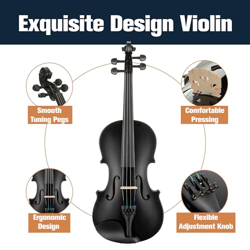 Image of Mendini 4 /4 MV-Black Solid Wood Violin with Hard Case, Shoulder Rest, Bow, Rosin and Extra Strings (Full Size)