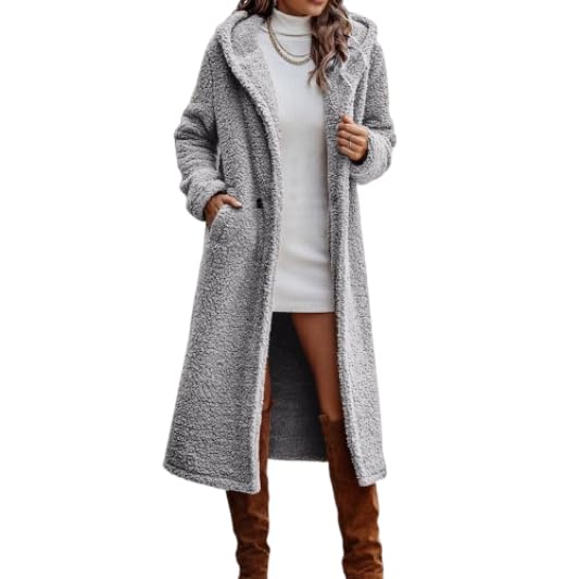 Akivide Womens Winter Teddy Sherpa Long Hooded Coat Jacket Oversized Warm Fuzzy Fleece Button Cardigan with Pockets