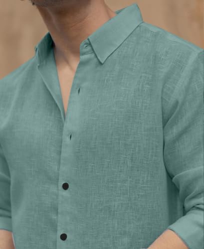 Image of NexaFlair Men's Shirt Regular Fit Solid Pattern Linen Cotton with Long Sleeve Collared Neck Standard Length and Button Down Closure Type | Mens Casual Shirts | Man's Formal Shirts