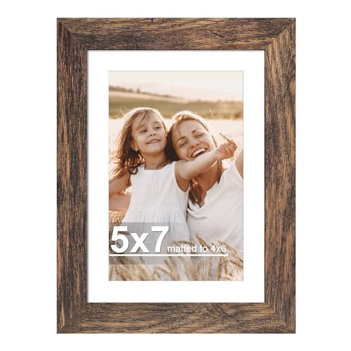 Hongkee 5x7 Picture Frame with Glass Display Pictures 4x6 with Mat or 5 x 7 without Mat - Wall and Tabletop 5 by 7 Photo Wooden Frames (Rustic Brown 1 Pack)