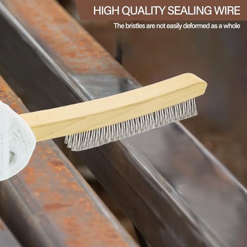 Image of Heavy Duty Stainless Steel Wire Brush, 1Pcs 14 inch | Curved Beechwood, Long Handle, Scratch Brush, For Rust, Metal, Paint, Welding, Automotive & Household Cleaning