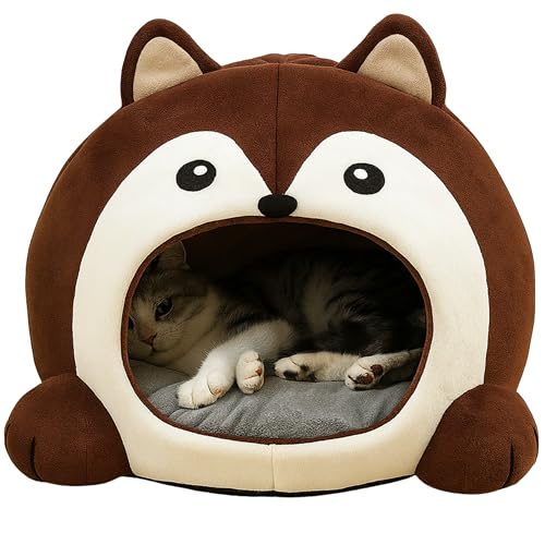 TATZIO Katzenhöhle braun – mit Kissen, waschbares & isoliertes Katzenbett rutschfestes Katzenhaus & Schlafplatz für Katzen & kleine Hunde flauschig, pflegeleicht, weich