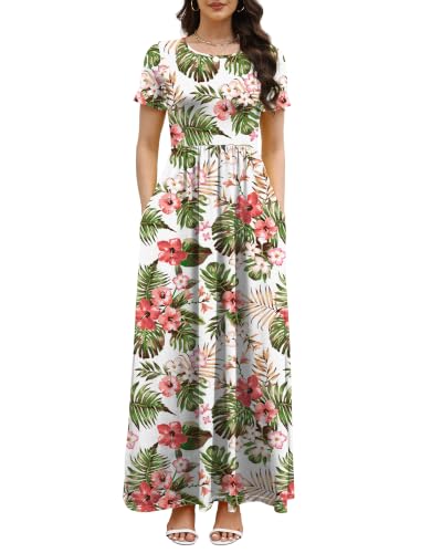 Image of COSSEN Women's Crew Neck Short Sleeve Maxi Dress with Pockets Casual Loose Swing for Wedding Guest Beach Vacation