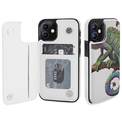 HKMNLEW Chameleon Listen Music Print Flip Phone Wallet Case iPhone 12 Mini�p PU���U�[���C�ϏՌ��g�ѓd�b�P�[�X�J�o�[ �J�[�h�z���_�[�t��