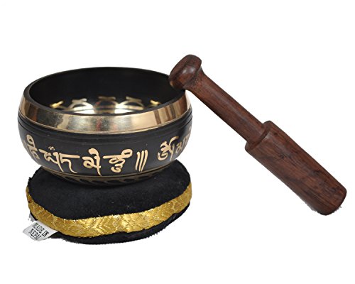 SATNAM - Tibetan Brass Meditation Singing Bowl Set for Relaxation and Healing - With Traditional Design comes with Wooden Striker and Cushion - Handmade in Nepal