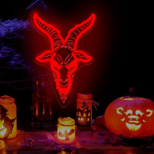 Image of Baphomet Neon Sign Gothic Dark Led Light Satan Wall Decor | Black Goat Wall Art Dark Art Gothic Home Decoration USB Powered Dimmable Halloween Decor Gift for Goth Lover 16.5 inchx11.4 inch