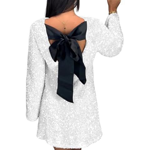 Lentta Women's Sequined Dress Petersham Ribbon Long Sleeve Party Night Out Club Festival Dresses(White-XS) Cover