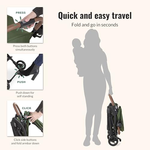 Image of Dream On Me Rio Glide Ultra-Light Compact Stroller, One-Hand Self-Standing Fold, Adjustable Backrest & Footrest, 5-Point Harness, Cup Holder, Suspension Wheels with Storage Basket - Forest Green