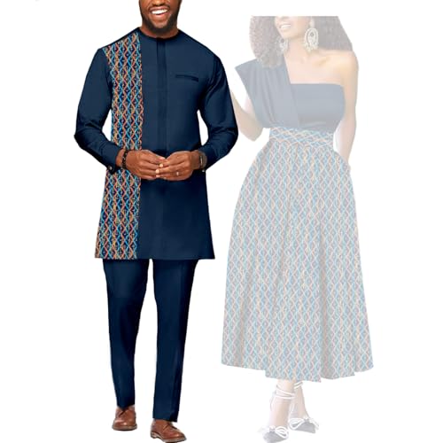 SEA&ALP African Outfits for Couples, Print Wedding Party Long Dress for Women & Dashiki Mens Shirt Pants Attire