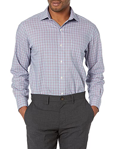 Amazon Brand - Buttoned Down Men's Classic Fit Spread Collar Pattern Non-Iron Dress Shirt, Blue/Red Windowpane Plaid, 16