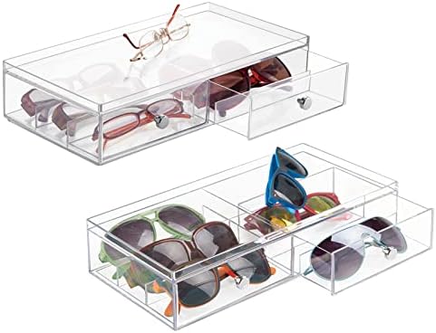 mDesign Wide Stackable Plastic Eye Glass Organizer Box Holder for Sunglasses, Reading Glasses, Lens Cleaning Cloths, Accessories - 2 Divided Drawers with 6 Sections, Chrome Pulls, 2 Pack - Clear