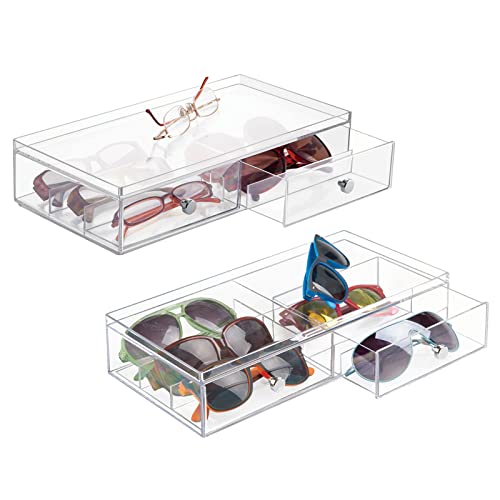 Mdesign Wide Stackable Plastic Eye Glass Organizer Box Holder For Sunglasses, Reading Glasses, Lens Cleaning Cloths, Accessories - 2 Divided Drawers With 6 Sections, Chrome Pulls, 2 Pack - Clear #TOP2