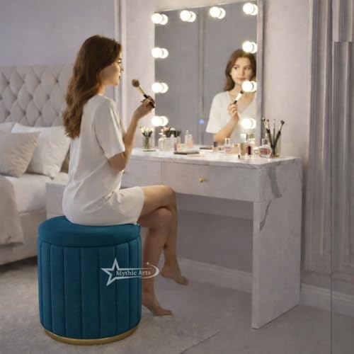 Image of Round Strip Stool with Cushion Foot Rest Office Stool Pouf Ottoman Padded Seat in Living Room - Aqua