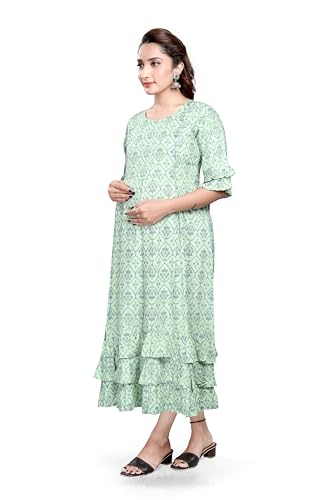 Image of B2F Women's Printed Flared Maternity Kurti with Zipper, Cotton Rayon Feeding Kurta for Pre & Post Pregnancy