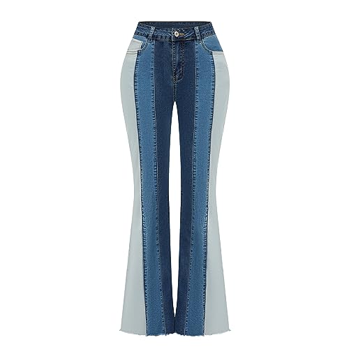 THUNDER STAR Women Patchwork Flare Jeans Stretch High Waisted Bell Bottom Raw Hem Denim Pants