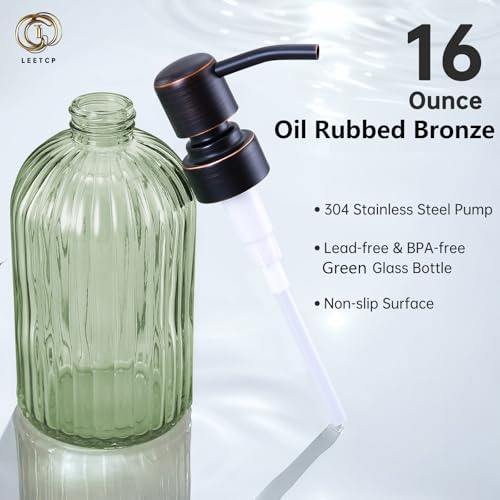 Image of 16Oz Green Glass Soap Dispenser with Rust Proof Bronze Stainless Steel Pump, Green Countertop Refillable Liquid Lotion Dispensers with Stainless Steel Pump, Oil Rubbed Bronze Soap Dispenser