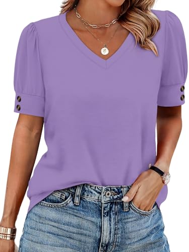 Image of OFEEFAN Womens Tops Short Sleeve Shirts Buttons V Neck Spring Fashion Summer Outfits Plus Size Blouses Dressy Casual
