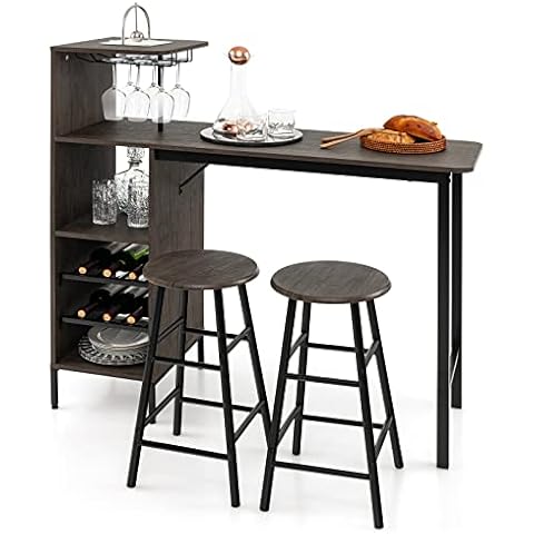 TANGZON 3 Pieces Bar Table Set, Steel Frame Dining Table and 2 Stools with Wine Racks, Glass Holders, Open Shelves & Footrest, Breakfast Dining Furniture Sets for Home Kitchen Living Room Pub Cafe Cover