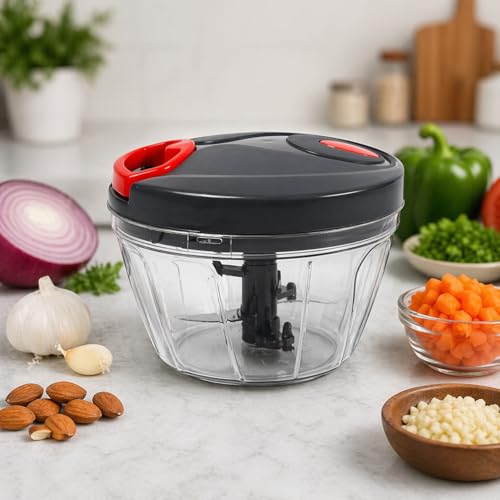 Image of Manual Veg Chopper 450 ML | Mini Handy Vegetable & Fruit Cutter with 3 Stainless Steel Blades | Onion, Garlic, Nuts & Salad Maker for Kitchen (Grey)