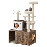 Cat Litter Box Enclosure with Tree Tower and Condo, Hidden Pet Washroom Furniture with Sisal Scratching Post,Hammocks and Soft Plush Perch, Wooden Cat Furniture with Multiple Platforms,Rustic Brown