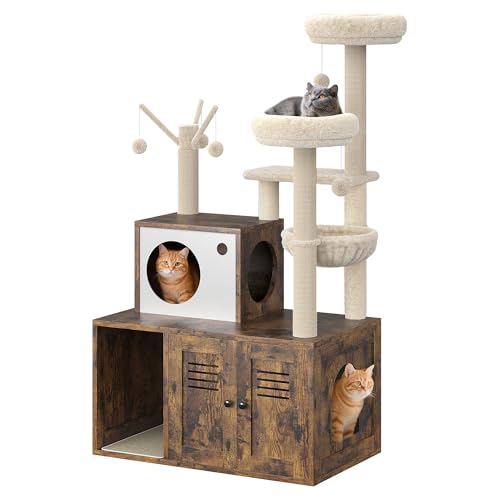 Cat Litter Box Enclosure with Tree Tower and Condo, Hidden Pet Washroom Furniture with Sisal Scratching Post,Hammocks and Soft Plush Perch, Wooden Cat Furniture with Multiple Platforms,Rustic Brown