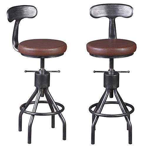 BOKKOLIK Industrial Bar Stools | Set of 2 | Swivel Pu Leather Seat | Kitchen Island Dining Chairs | Office Guest Stool | Counter Bar Height Adjustable | 24-34inch | with Backrest